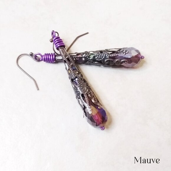 Extra Long & Lightweight! Sexy Copper Filigree & Mauve/Violet Dangle Earrings! - Picture 2 of 7